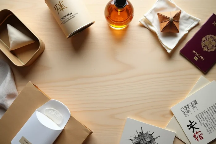 Vue aérienne d'une sélection de produits de toilette japonais haut de gamme rapportés d'hôtel, posés sur un bureau en bois clair