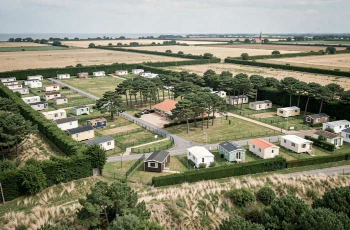 Vue panoramique d'un parc résidentiel de loisirs en Vendée avec parcelles délimitées et paysage bocager